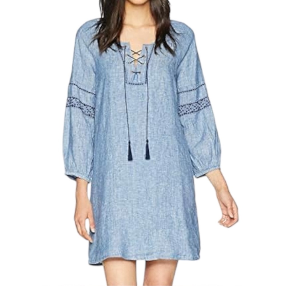 Sanctuary Clothing Linen Denim Chambray Boho Embroidered Peasant Dress Size 2XL